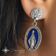 DEVOZIONI Miraculous Medal 2-in-1 Stainless Steel Earrings - Blue Drops and Crystals