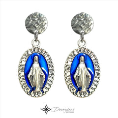 DEVOZIONI Miraculous Medal 2-in-1 Stainless Steel Earrings - Blue Drops and Crystals