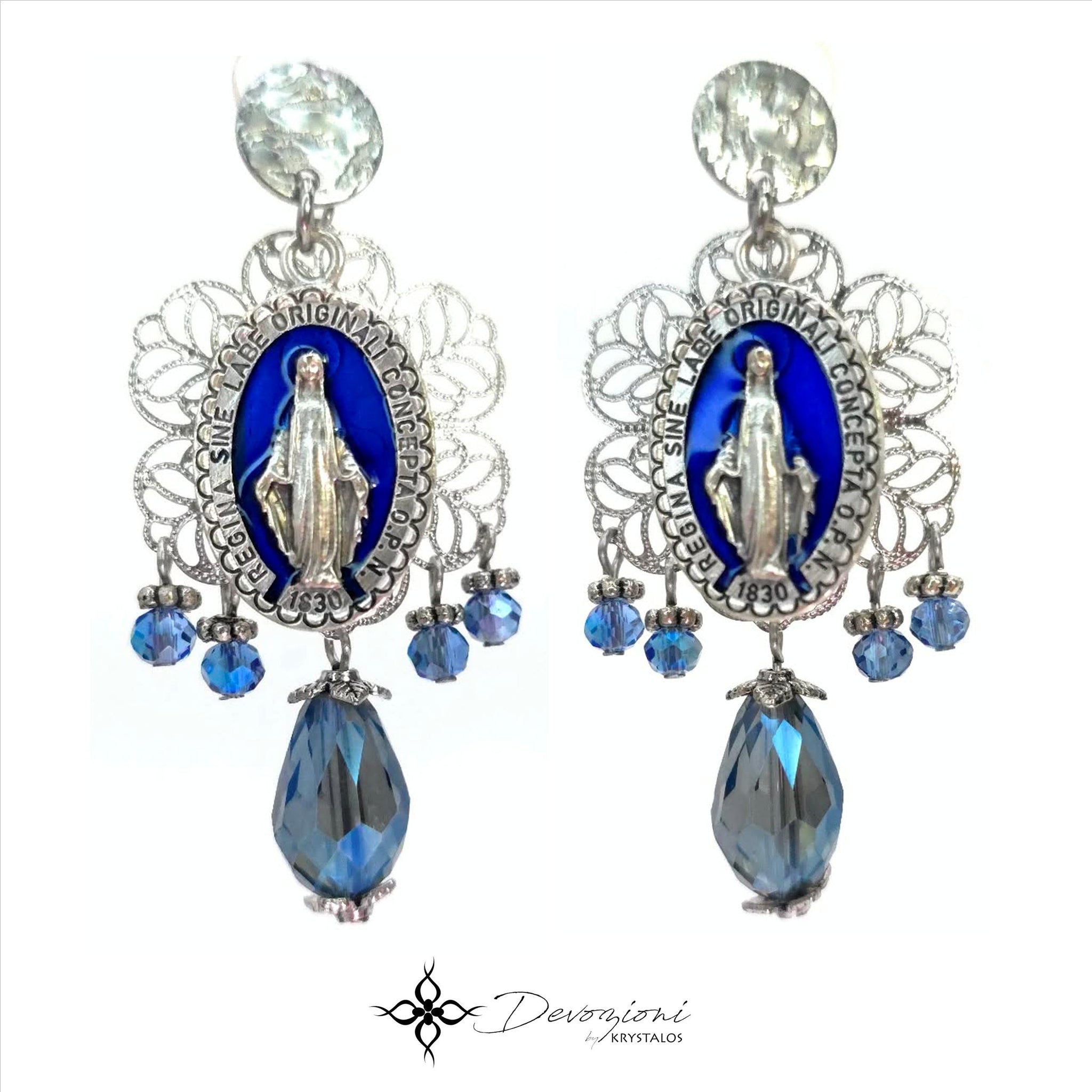 DEVOZIONI Miraculous Medal 2-in-1 Stainless Steel Earrings - Blue Drops and Crystals
