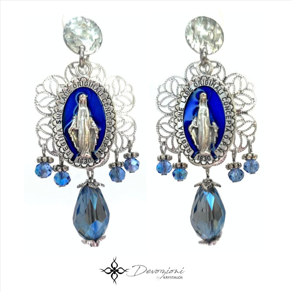 Aretes 2 en 1 de la Medalla Milagrosa en Stainless Steel DEVOZIONI - Gotas y Cristales Azules