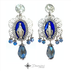 DEVOZIONI Miraculous Medal 2-in-1 Stainless Steel Earrings - Blue Drops and Crystals