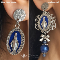 DEVOZIONI Miraculous Medal 2-in-1 Stainless Steel Earrings - Blue Drops and Crystals