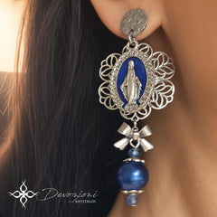 DEVOZIONI Miraculous Medal 2-in-1 Stainless Steel Earrings - Blue Drops and Crystals