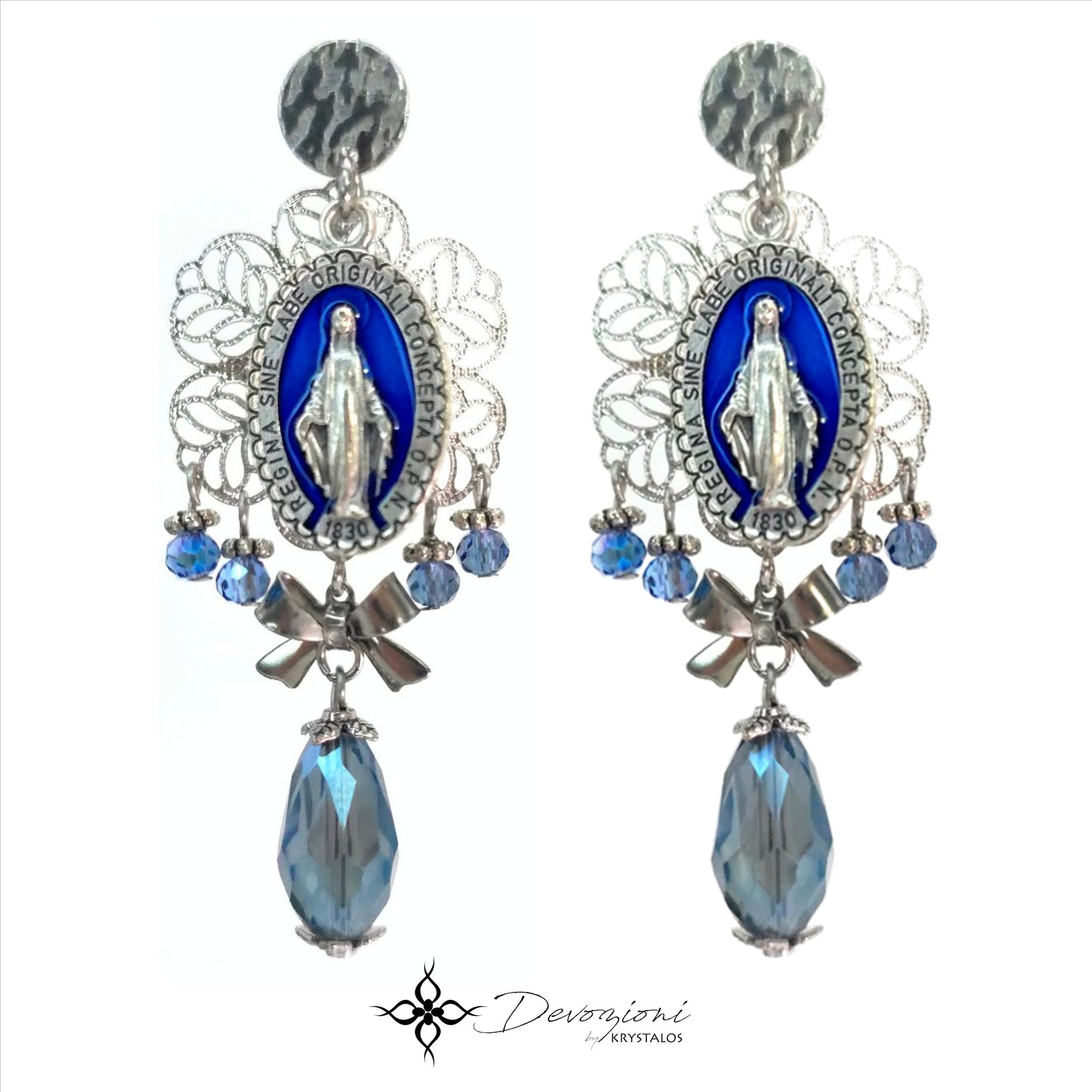 DEVOZIONI Miraculous Medal 2-in-1 Stainless Steel Earrings - Blue Drops, Bows and Crystals
