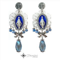 DEVOZIONI Miraculous Medal 2-in-1 Stainless Steel Earrings - Blue Drops, Bows and Crystals