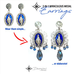DEVOZIONI Miraculous Medal 2-in-1 Stainless Steel Earrings - Blue Drops and Crystals