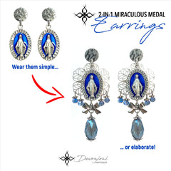 DEVOZIONI Miraculous Medal 2-in-1 Stainless Steel Earrings - Blue Drops, Bows and Crystals
