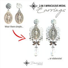 Aretes 2 en 1 de la Medalla Milagrosa en Stainless Steel DEVOZIONI - Gotas, Lazos y Cristales Clear