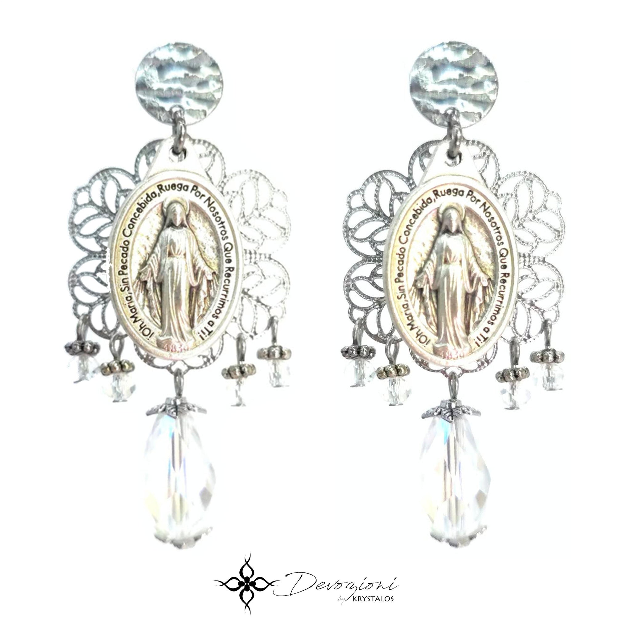 Aretes 2 en 1 de la Medalla Milagrosa en Stainless Steel DEVOZIONI - Gotas y Cristales Clear