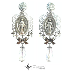 Aretes 2 en 1 de la Medalla Milagrosa en Stainless Steel DEVOZIONI - Gotas, Lazos y Cristales Clear