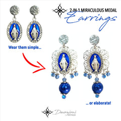 DEVOZIONI Miraculous Medal 2-in-1 Stainless Steel Earrings - Blue Pearls and Crystals