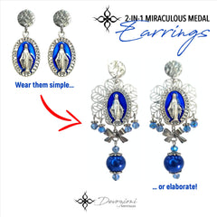 DEVOZIONI Miraculous Medal 2-in-1 Stainless Steel Earrings - Blue Pearls, Bows and Crystals
