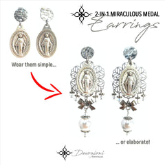 DEVOZIONI Miraculous Medal 2-in-1 Stainless Steel Earrings - White Pearls, Bows and Crystals