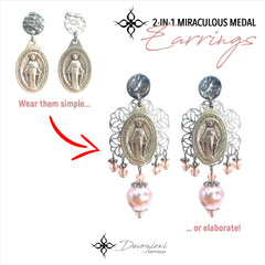 DEVOZIONI Miraculous Medal 2-in-1 Stainless Steel Earrings - Dusty Rose Pearls and Crystals