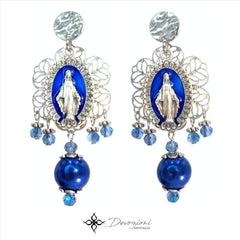 DEVOZIONI Miraculous Medal 2-in-1 Stainless Steel Earrings - Blue Pearls and Crystals