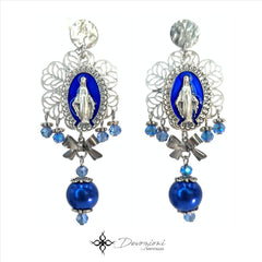 DEVOZIONI Miraculous Medal 2-in-1 Stainless Steel Earrings - Blue Pearls, Bows and Crystals