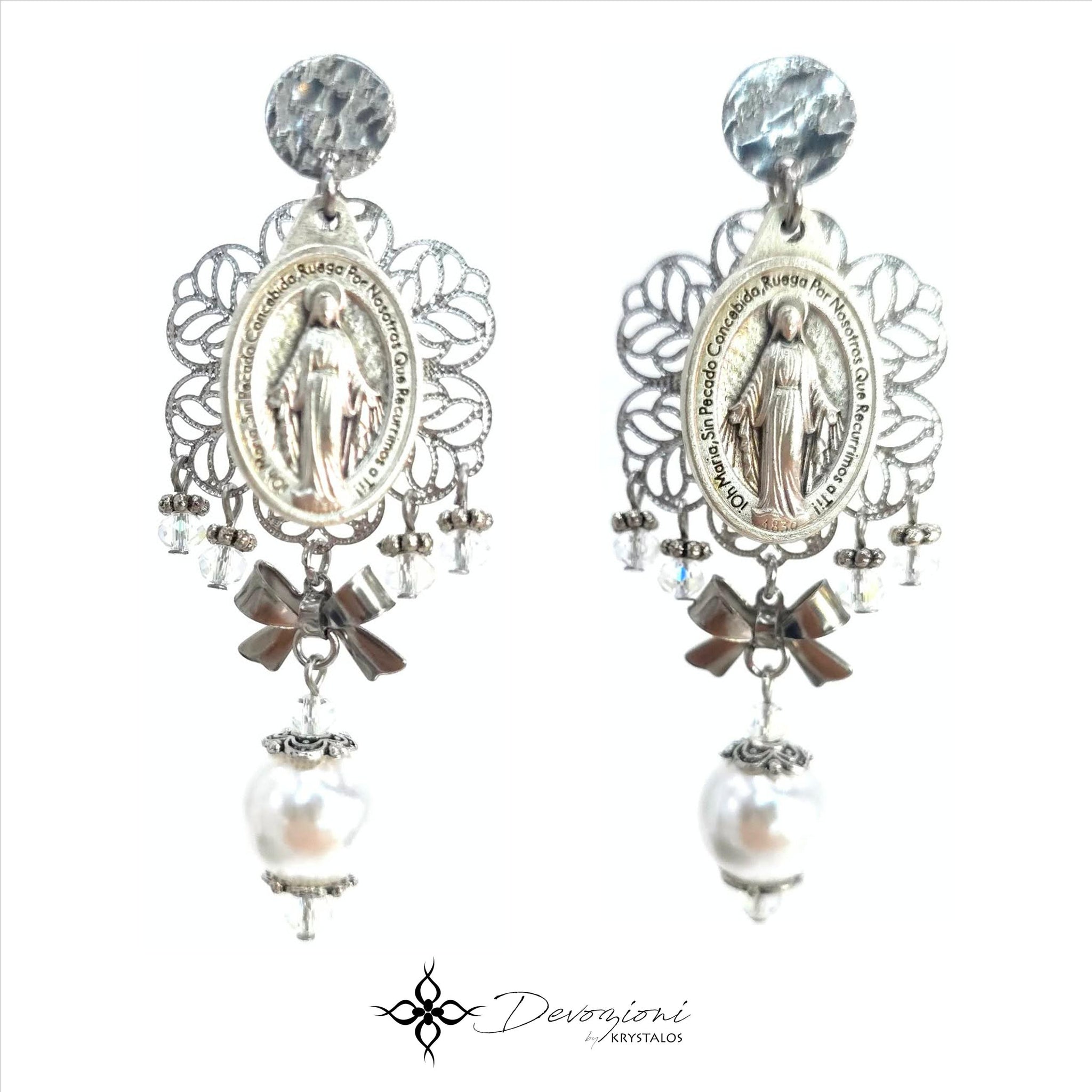 DEVOZIONI Miraculous Medal 2-in-1 Stainless Steel Earrings - White Pearls, Bows and Crystals