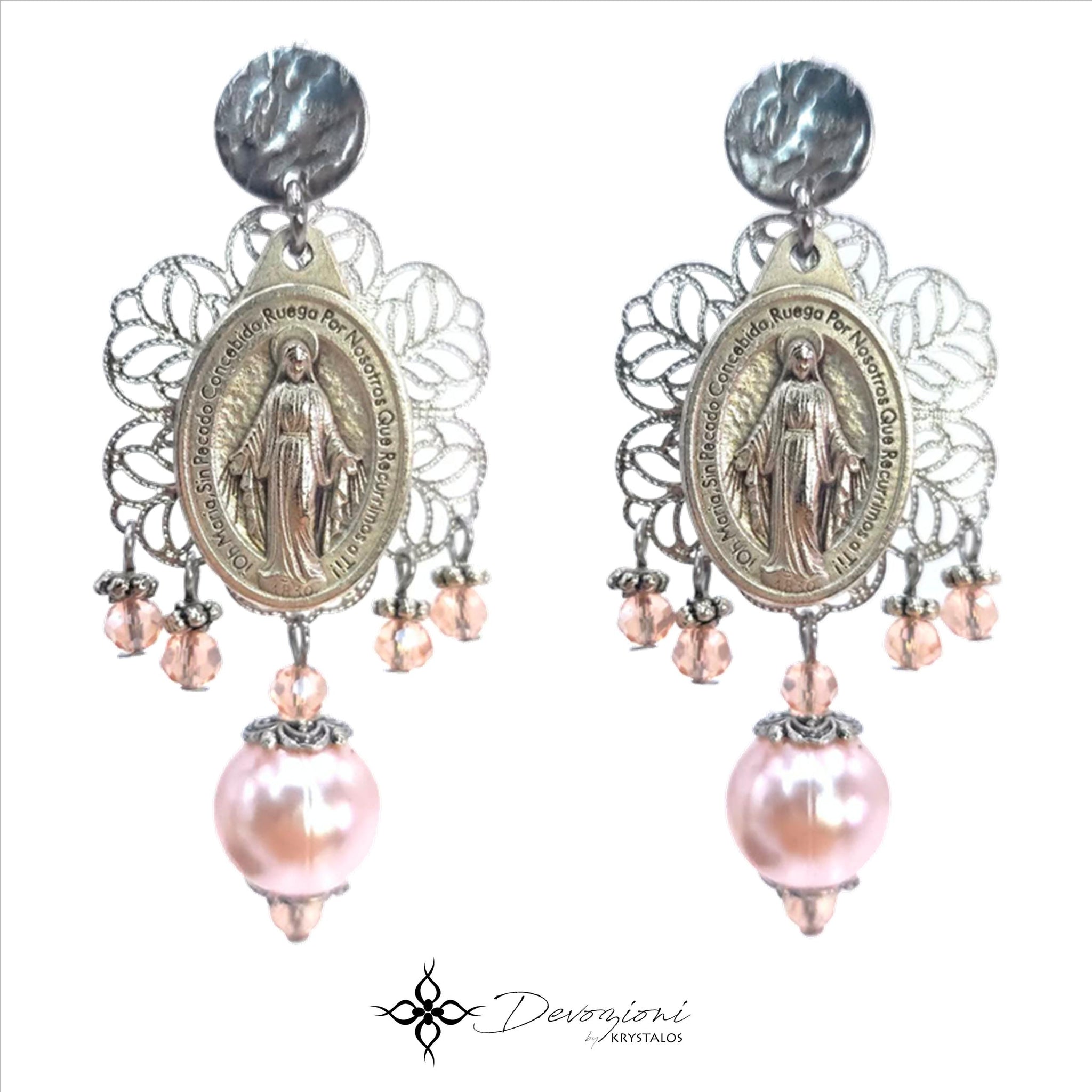 DEVOZIONI Miraculous Medal 2-in-1 Stainless Steel Earrings - Dusty Rose Pearls and Crystals