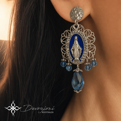 DEVOZIONI Miraculous Medal 2-in-1 Stainless Steel Earrings - Blue Drops and Crystals