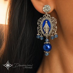 DEVOZIONI Miraculous Medal 2-in-1 Stainless Steel Earrings - Blue Pearls and Crystals
