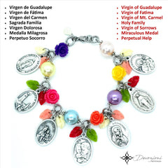 Advocaciones de la Virgen María - Brazalete Convertible a Collar en Stainless Steel, Perlas y Corales Sintéticos, Metales Esmaltados y Medallas Genuinas Italianas