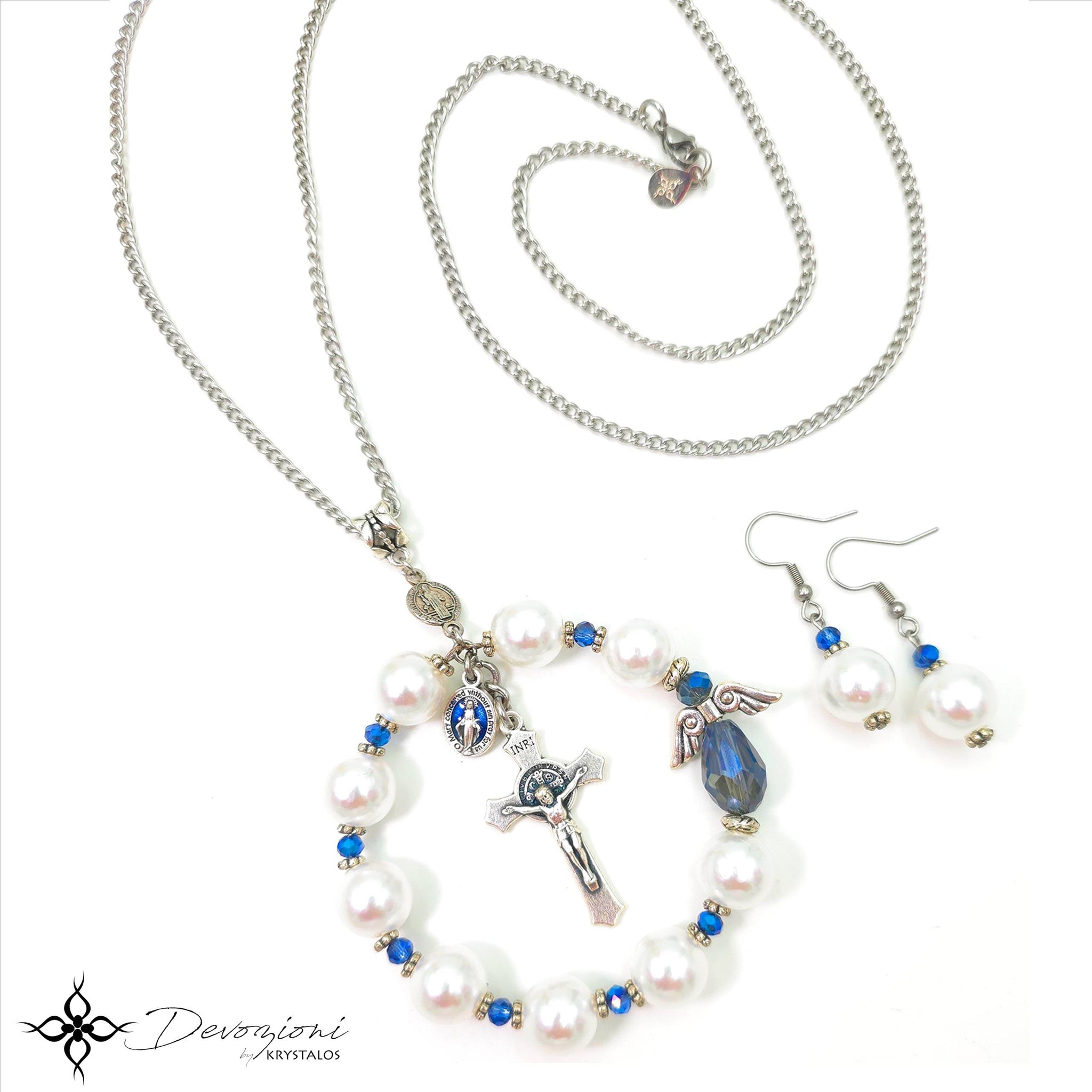 Decennary Necklace and Earrings Set in Pearls, Crystals and Stainless Steel