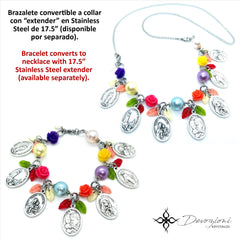 Advocaciones de la Virgen María - Brazalete Convertible a Collar en Stainless Steel, Perlas y Corales Sintéticos, Metales Esmaltados y Medallas Genuinas Italianas