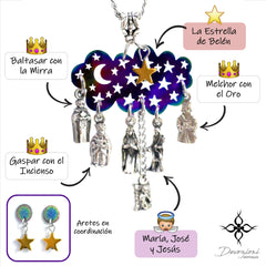La Natividad - Set de Collar y Aretes en Stainless Steel, Metales Esmaltados, Hematitas y Medallas Italianas 3D