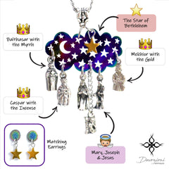 La Natividad - Set de Collar y Aretes en Stainless Steel, Metales Esmaltados, Hematitas y Medallas Italianas 3D