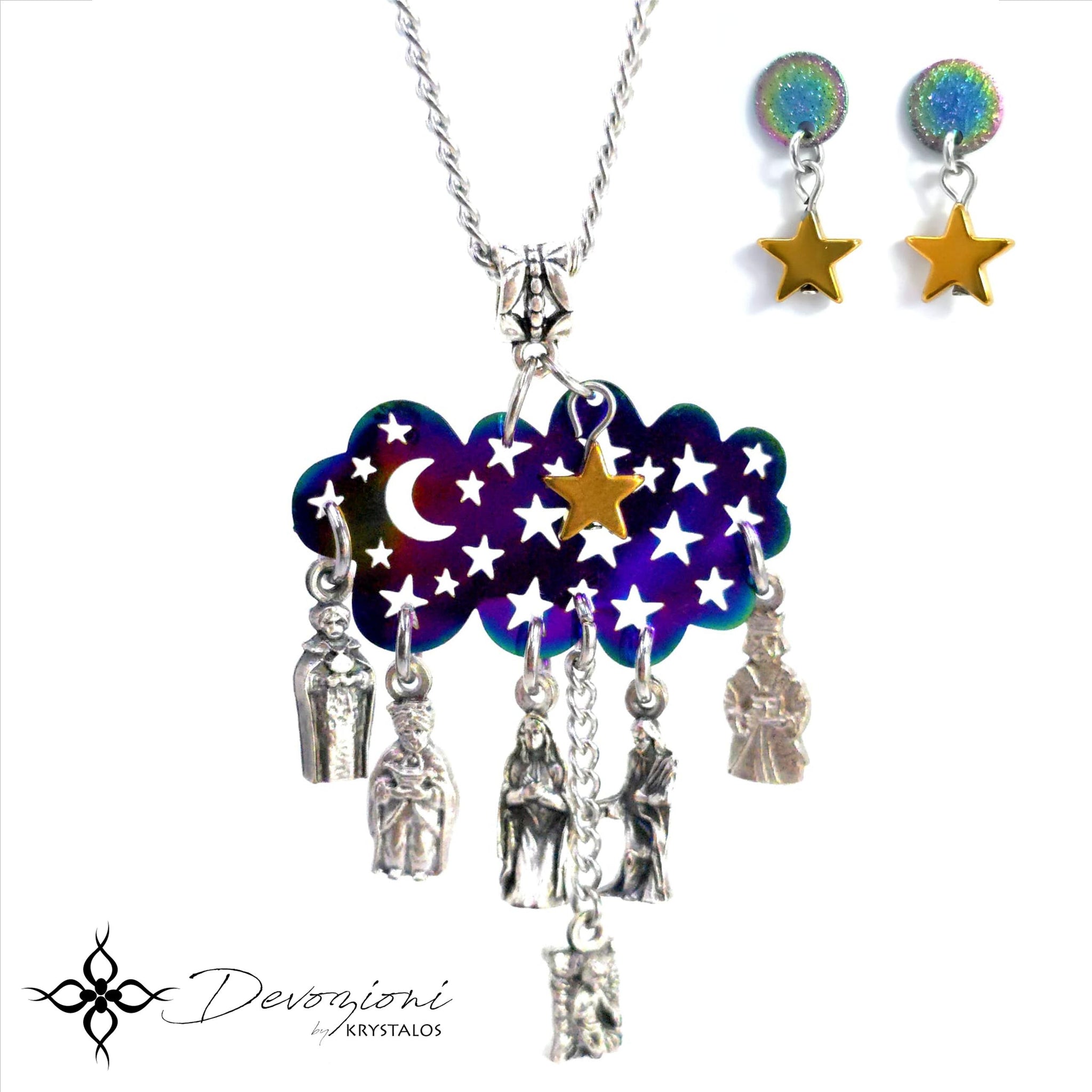 La Natividad - Set de Collar y Aretes en Stainless Steel, Metales Esmaltados, Hematitas y Medallas Italianas 3D
