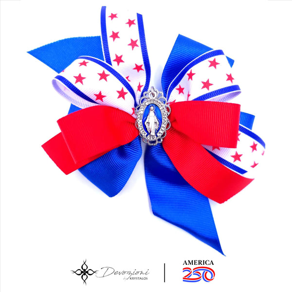 AMERICA 250 Collection - Virgin Mary Girl's Hair Bow (Red, White & Blue with Stars) - FLORELI + DEVOZIONI