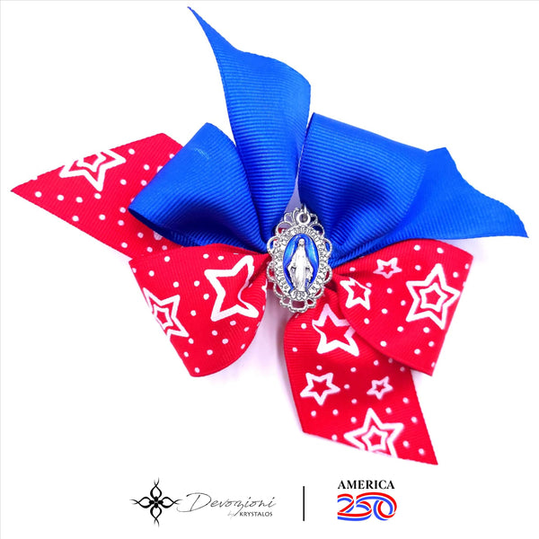 AMERICA 250 Collection - Virgin Mary Girl's Hair Bow (Blue & Red with Stars) - FLORELI + DEVOZIONI