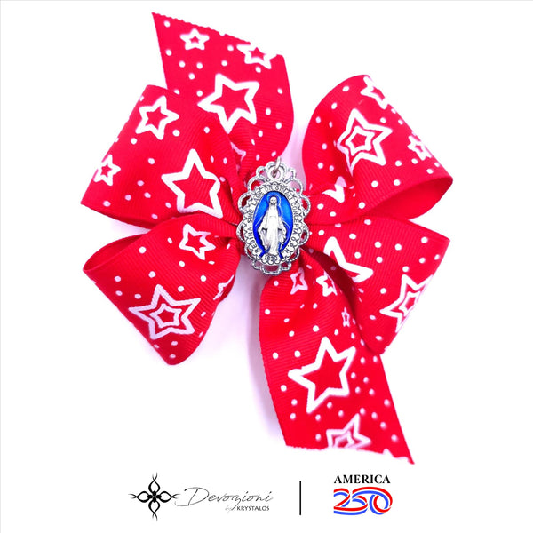 AMERICA 250 Collection - Virgin Mary Girl's Hair Bow (Red with Stars) - FLORELI + DEVOZIONI