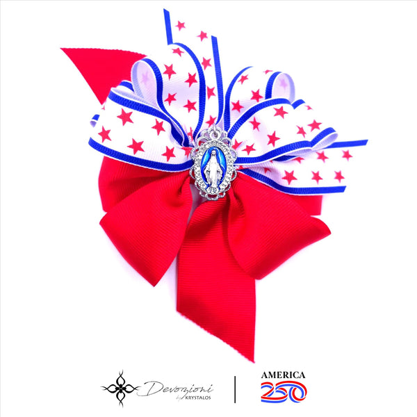 AMERICA 250 Collection - Virgin Mary Girl's Hair Bow (Red & White with Stars) - FLORELI + DEVOZIONI