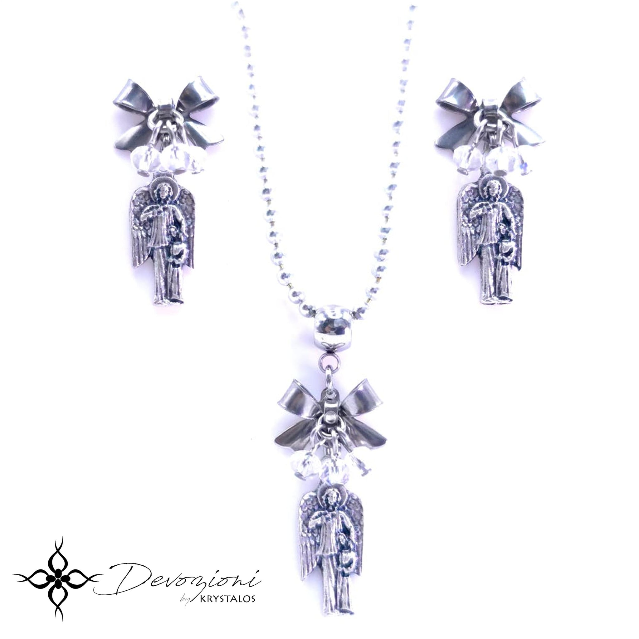 Set Collar y Aretes Lazo y Ángel Guardián, Protección Celestial - Medalla Italiana Genuina, Stainless Steel y Cadena de Aluminio