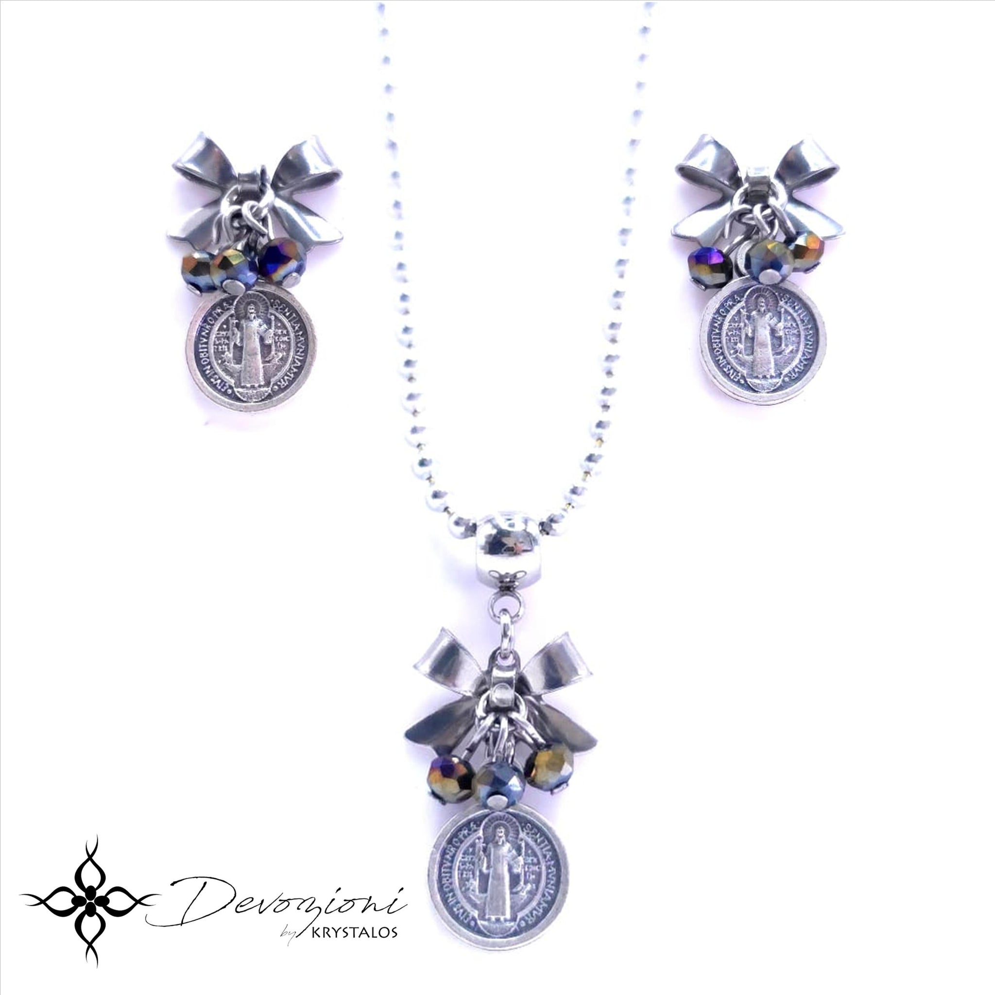 Set Collar y Aretes Lazo y Medalla San Benito, Protección contra el Mal - Medalla Italiana Genuina, Stainless Steel y Cadena de Aluminio