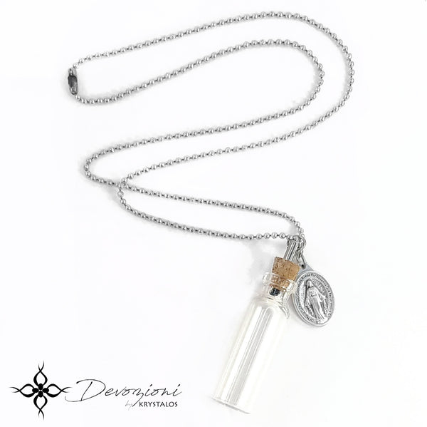 Jesus, Mary and the Holy Spirit - DEVOZIONI Medal Necklace with Small Holy Water Bottle