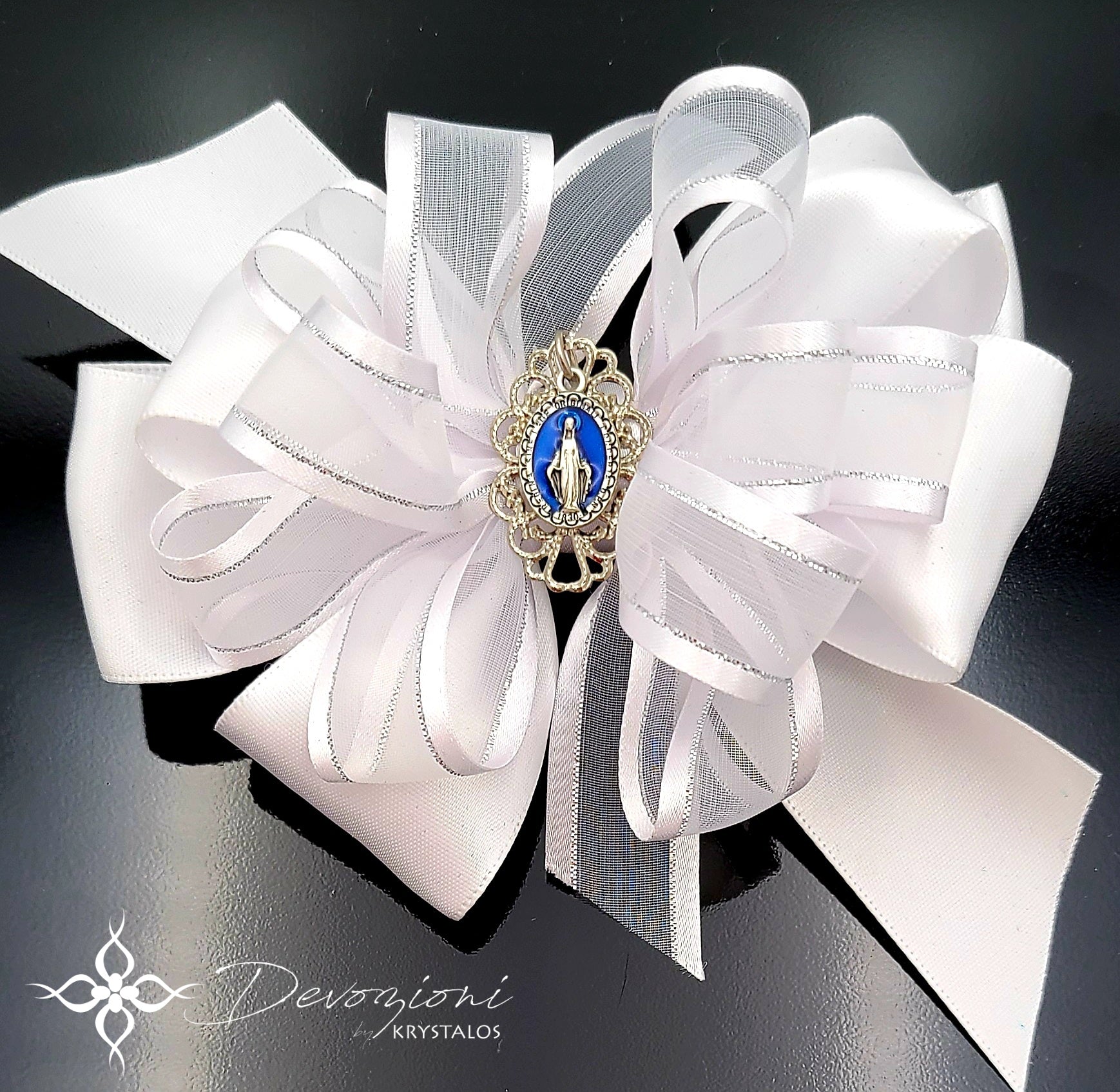 Virgin Mary (Miraculous Medal) Bow for Girls in White and Silver Satin - Floreli + Devozioni