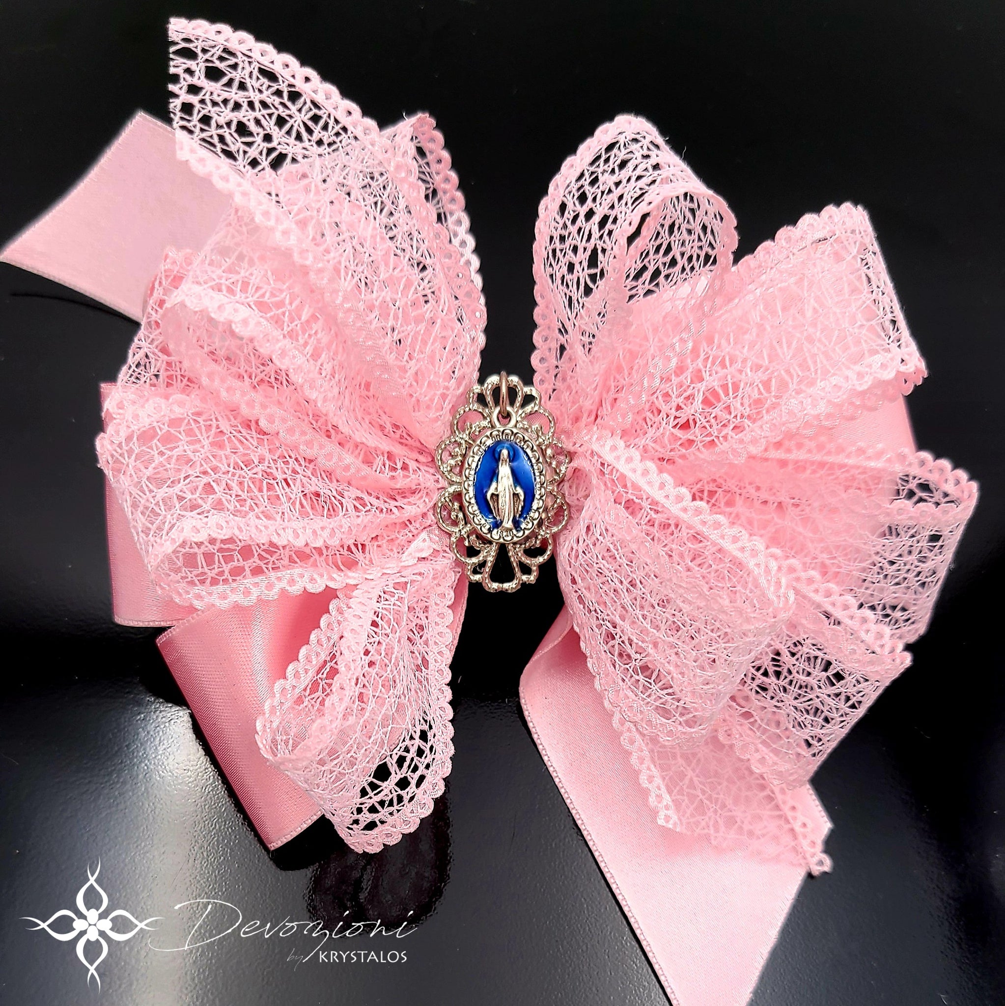 Virgin Mary (Miraculous Medal) Bow for Girls in Pink Satin and Lace - Floreli + Devozioni