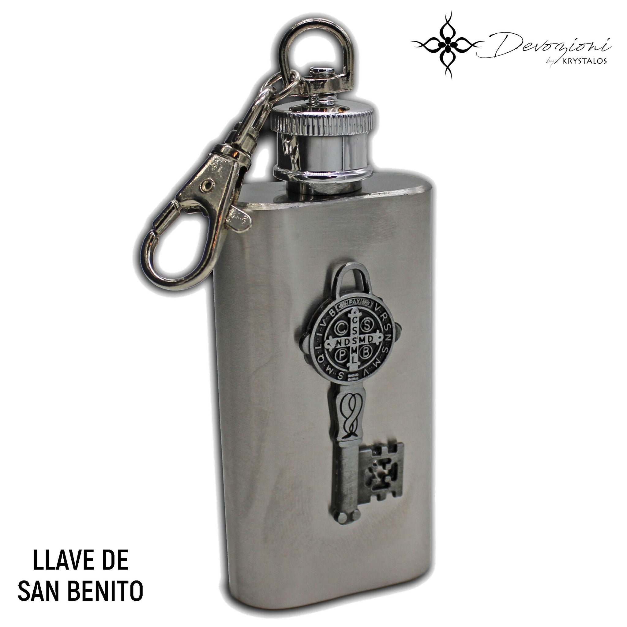 Saint Benedict's Key - 2 OZ Stainless Steel Bottle for Sacramentals (Holy Water, Holy Oils, etc.)