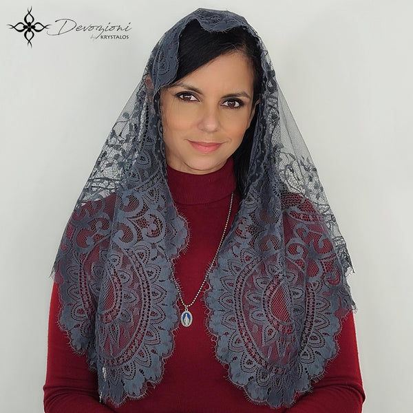 Spanish Mantilla with Designs in Medallions and Filigrees in Genuine Dark Gray Spanish Lace