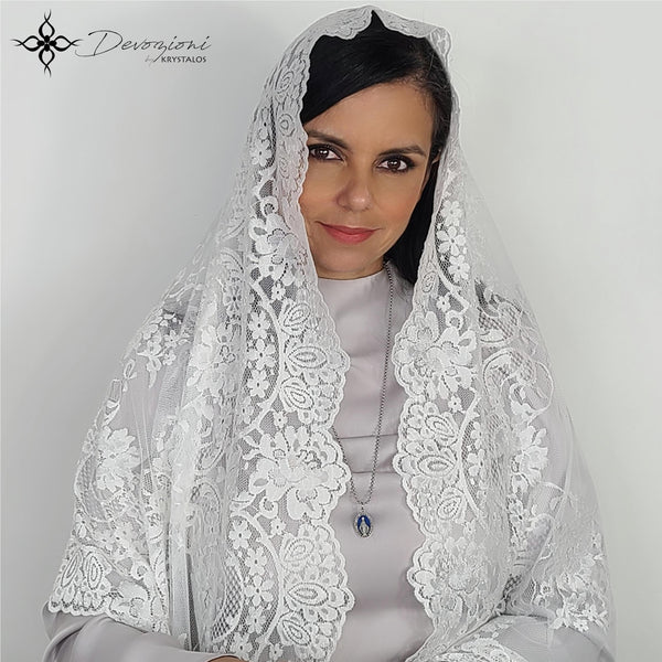 Large Rectangular Spanish Mantilla with Embroidered Flowers and Roses in Genuine Spanish Lace